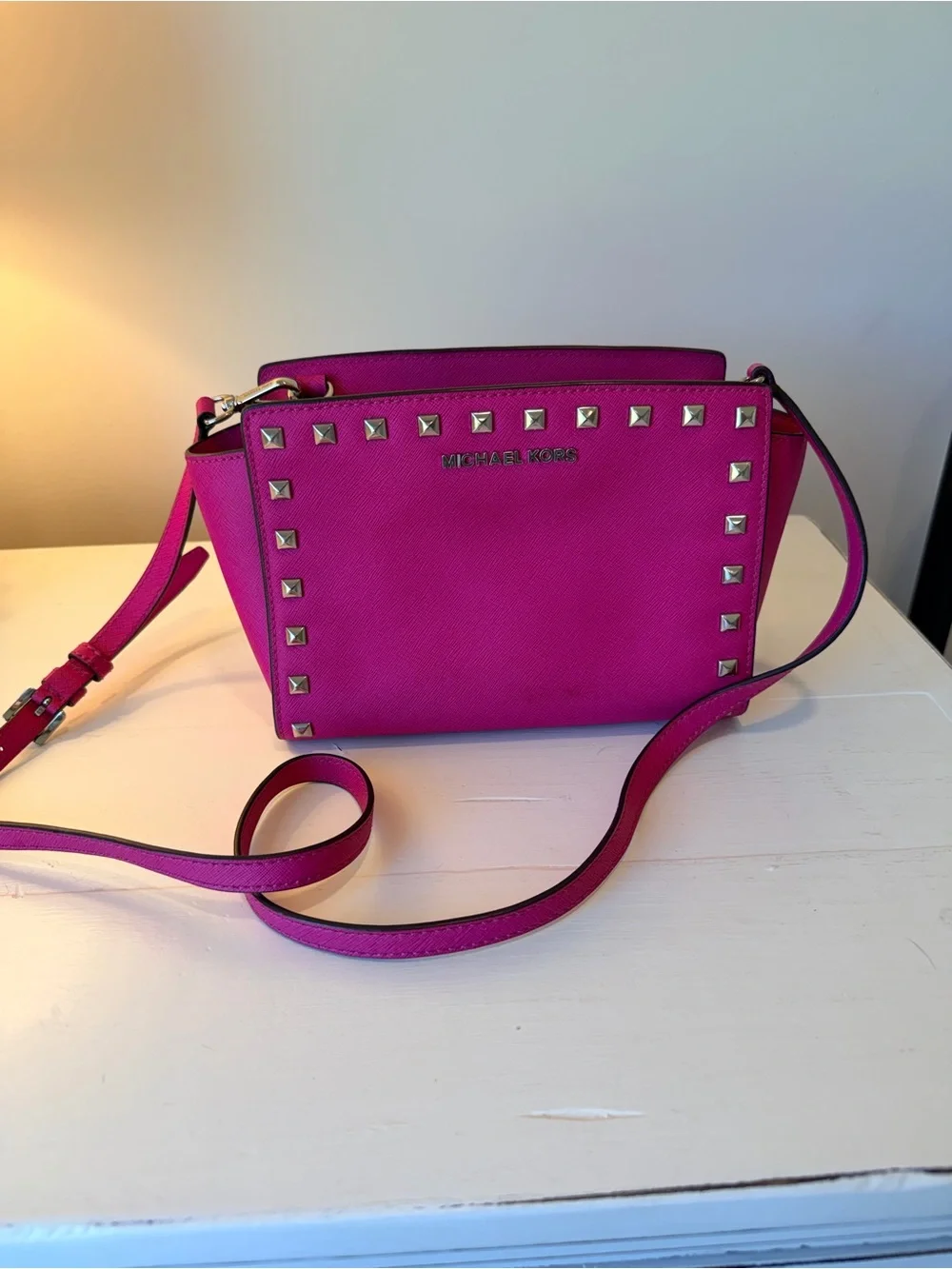 Michael Kors Selma Hot Pink Studded Crossbody Bag